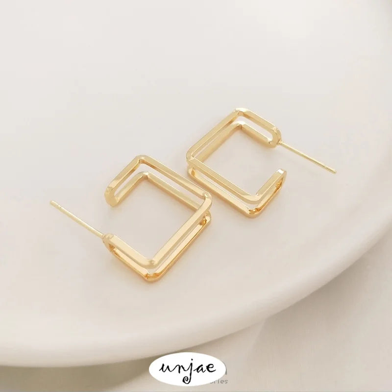 Square Double Stud Earrings 925 Silver 14K Preservation