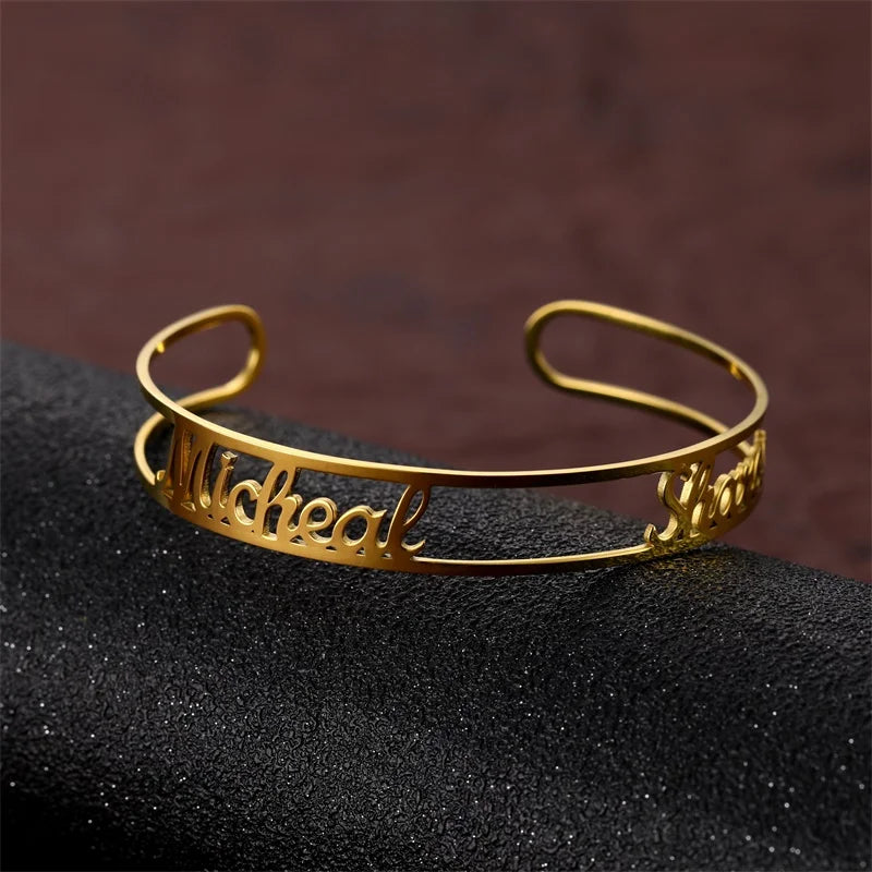 Personalized Stainless Steel Cuff Bangles Two Name Bracelet