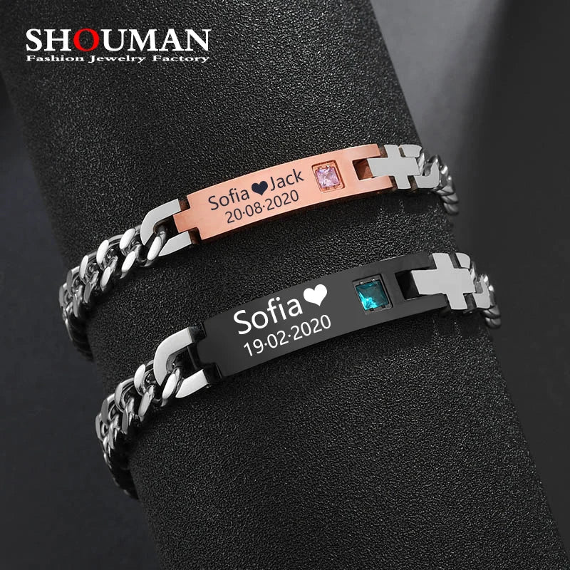 Stainless Steel Nameplate Couple Lover Bracelets for Men Women Valentines Gift