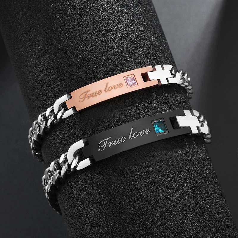Stainless Steel Nameplate Couple Lover Bracelets for Men Women Valentines Gift