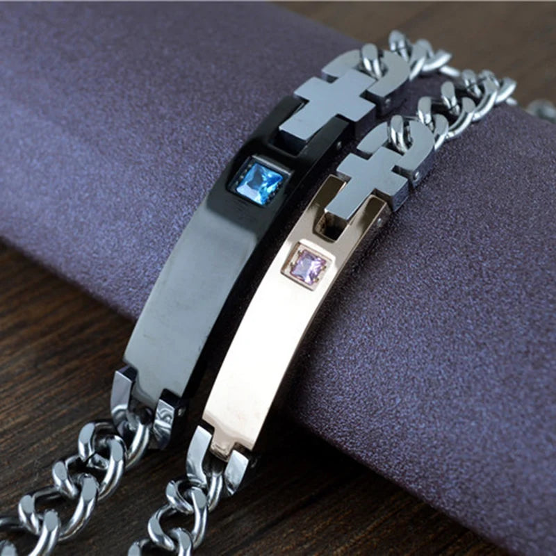 Stainless Steel Nameplate Couple Lover Bracelets for Men Women Valentines Gift