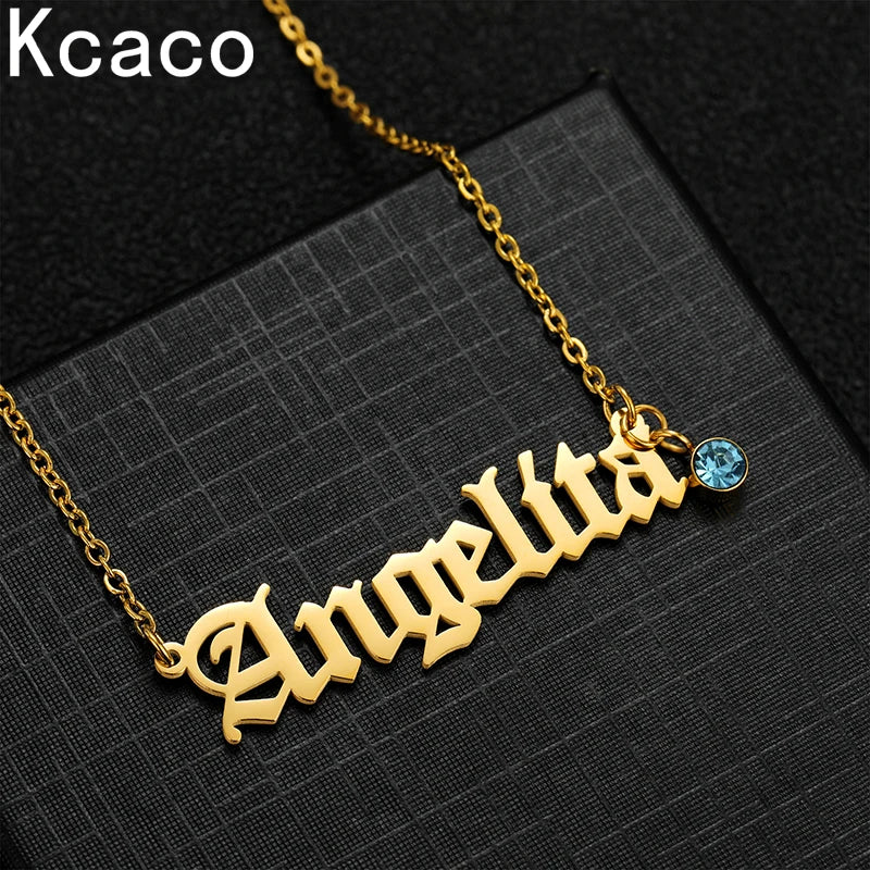 Stainless Steel Name Necklace with Birthday Stone and Letters
