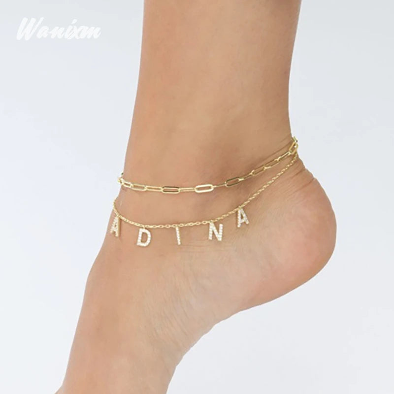 Stainless Steel Zircon Letter Name Anklets For Women