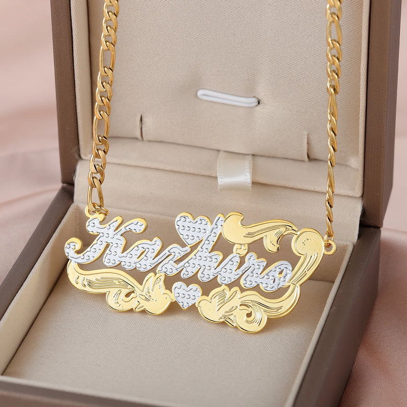 Two Tone Heart Nameplate Necklace Cuban Link Chain Personalized Stainless Steel