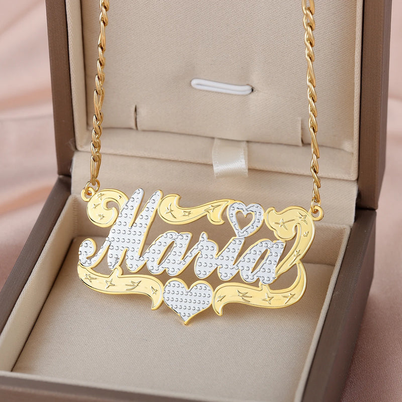 Two Tone Nameplate Necklace With Heart 18K Plated Names Pendant