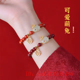 Vintage Chinese Vermilion Rabbit Charm Bracelet Natural Talisman Bangle