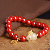 Vintage Chinese Vermilion Rabbit Charm Bracelet Natural Talisman Bangle