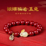 Vintage Chinese Vermilion Rabbit Charm Bracelet Natural Talisman Bangle