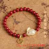 Vintage Chinese Vermilion Rabbit Charm Bracelet Natural Talisman Bangle