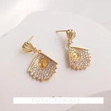 14K Micro-Inlaid Zircon Fan-Shaped Pearl Earrings