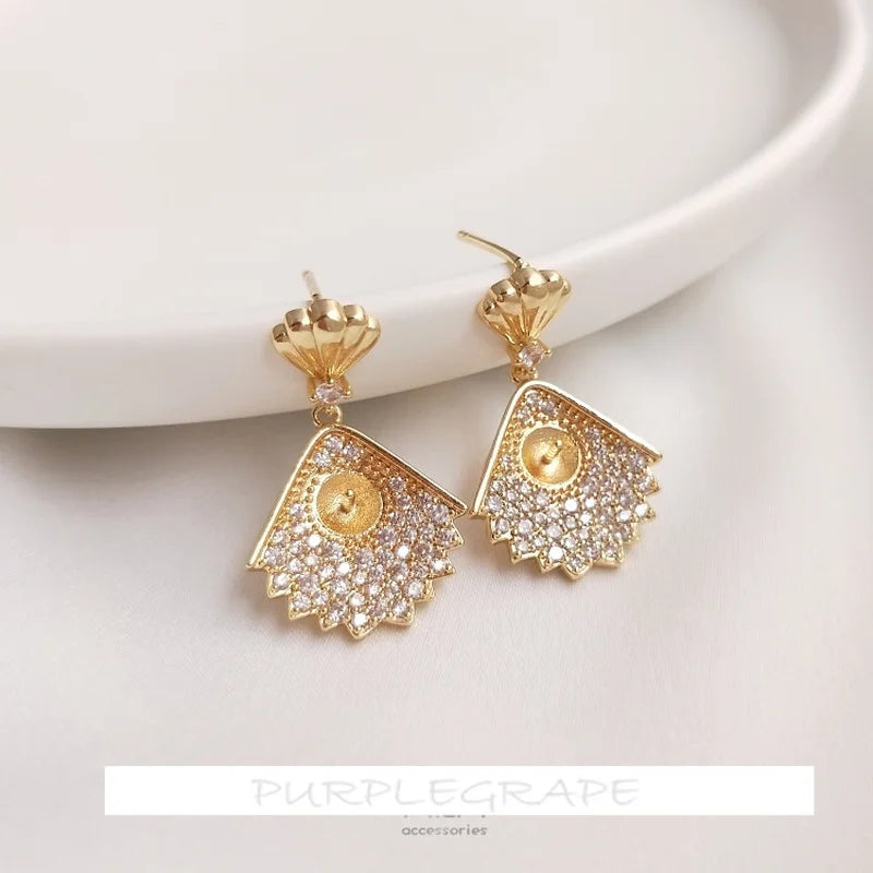 14K Micro-Inlaid Zircon Fan-Shaped Pearl Earrings