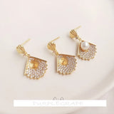 14K Micro-Inlaid Zircon Fan-Shaped Pearl Earrings