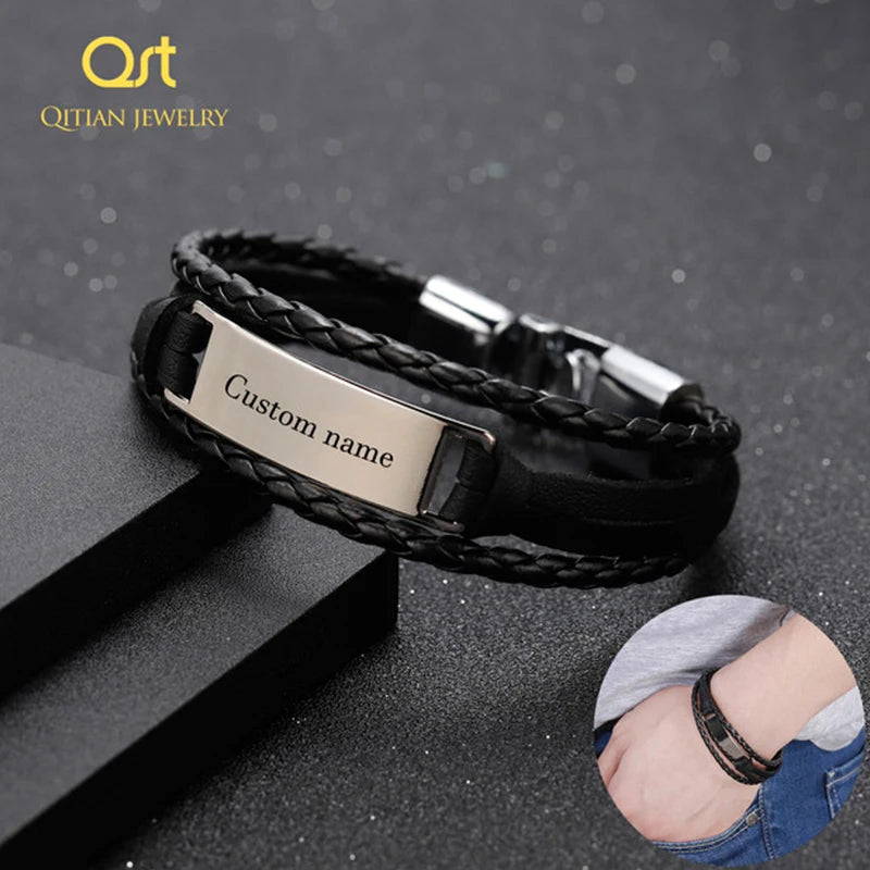 Multi-Layer Engrave Name Bracelet Vintage Leather Bracelet for Men