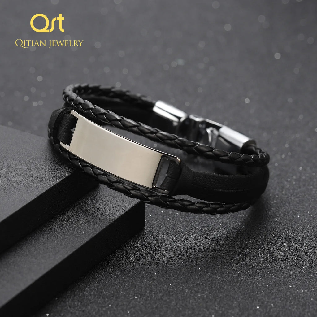 Multi-Layer Engrave Name Bracelet Vintage Leather Bracelet for Men