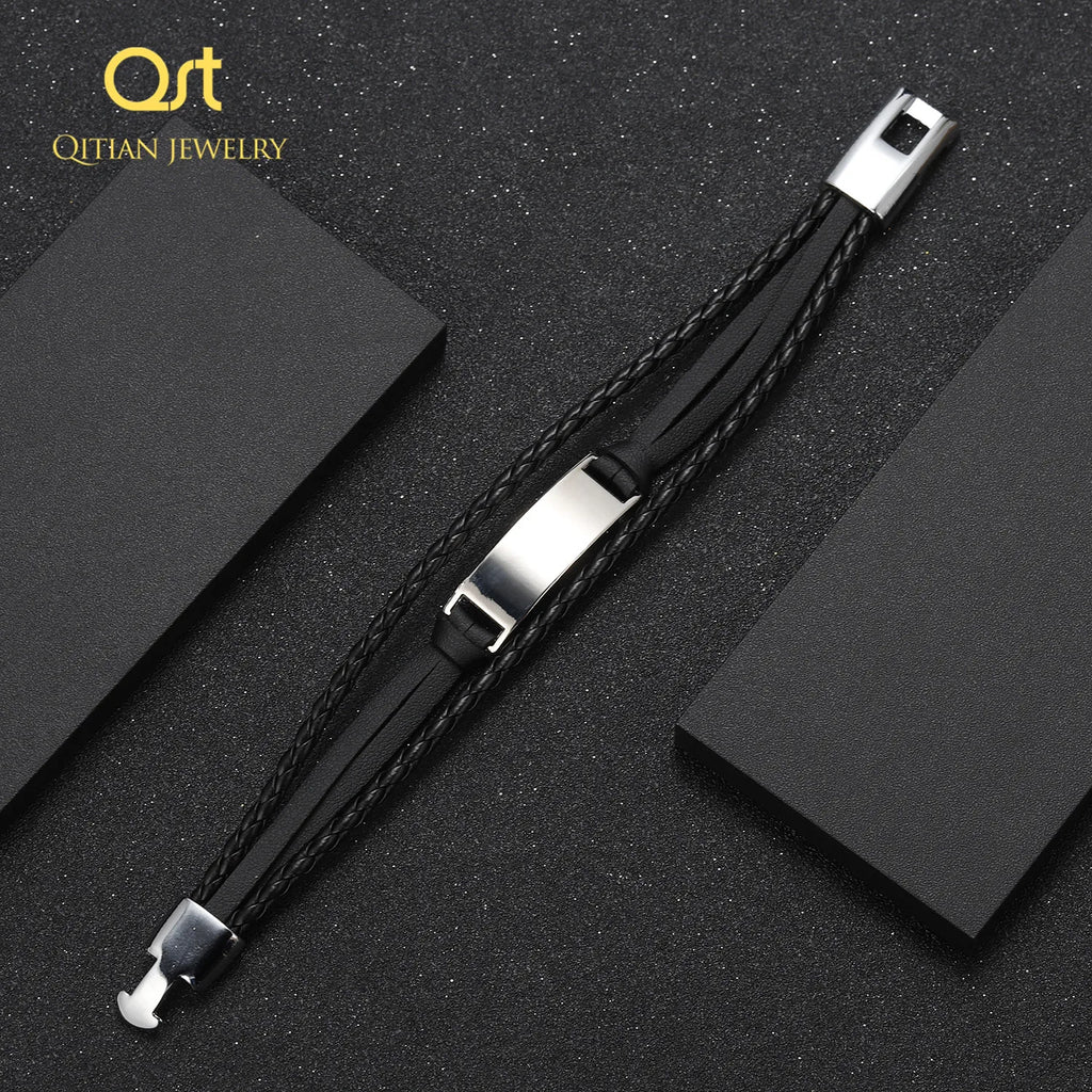 Multi-Layer Engrave Name Bracelet Vintage Leather Bracelet for Men
