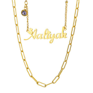 Moonstone and Birthstone Necklace Double Layer Pendant Clavicle Chain