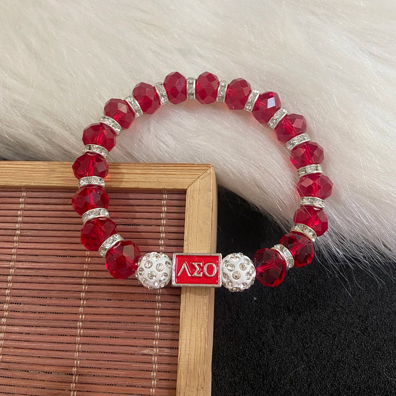 Custom Rhinestone Washer & Red Crystal Bead Bracelet w/ Greek Charm