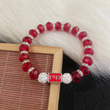 Custom Rhinestone Washer & Red Crystal Bead Bracelet w/ Greek Charm