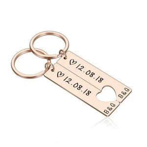 Heart Keychain Set Engraved Date and Name Love Keyring
