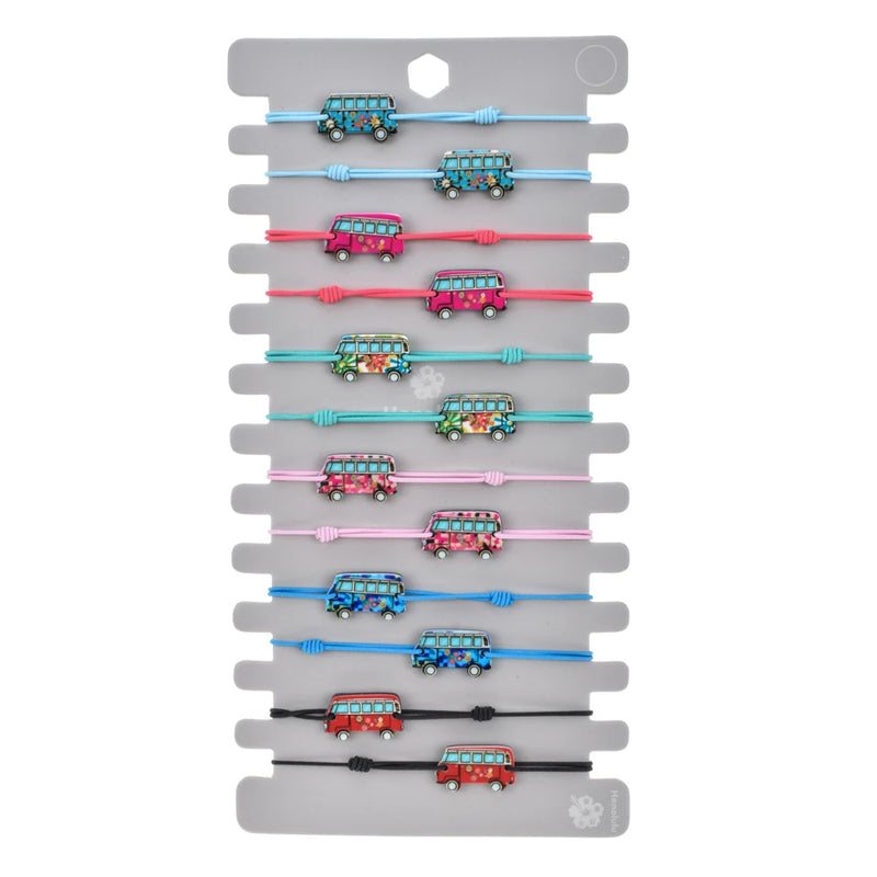 12pcs Elastic Carton Bus Charms Bracelets Women Child Rope Chain Wristband