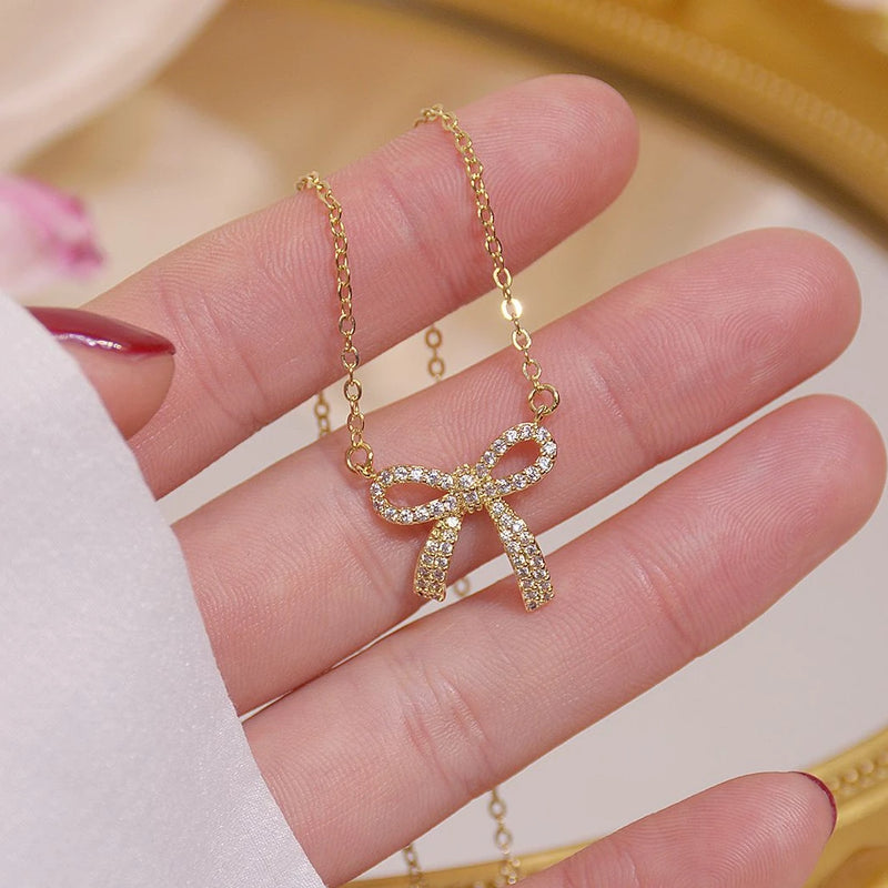 14K Bowknot Pendant Necklace Zircon Stone Fashion Jewelry