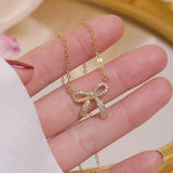 14K Bowknot Pendant Necklace Zircon Stone Fashion Jewelry