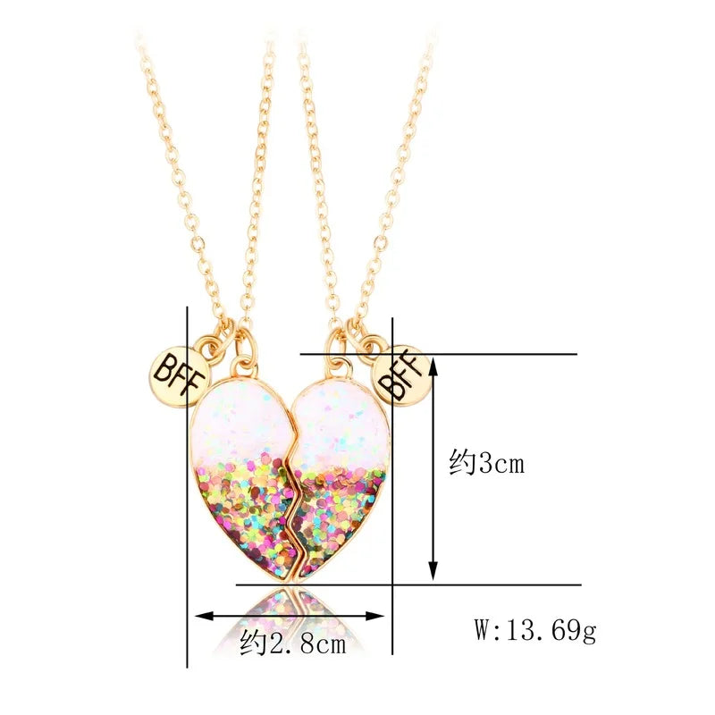 2 Pcs BFF Heart Pendant Necklace Couple Chain Jewelry