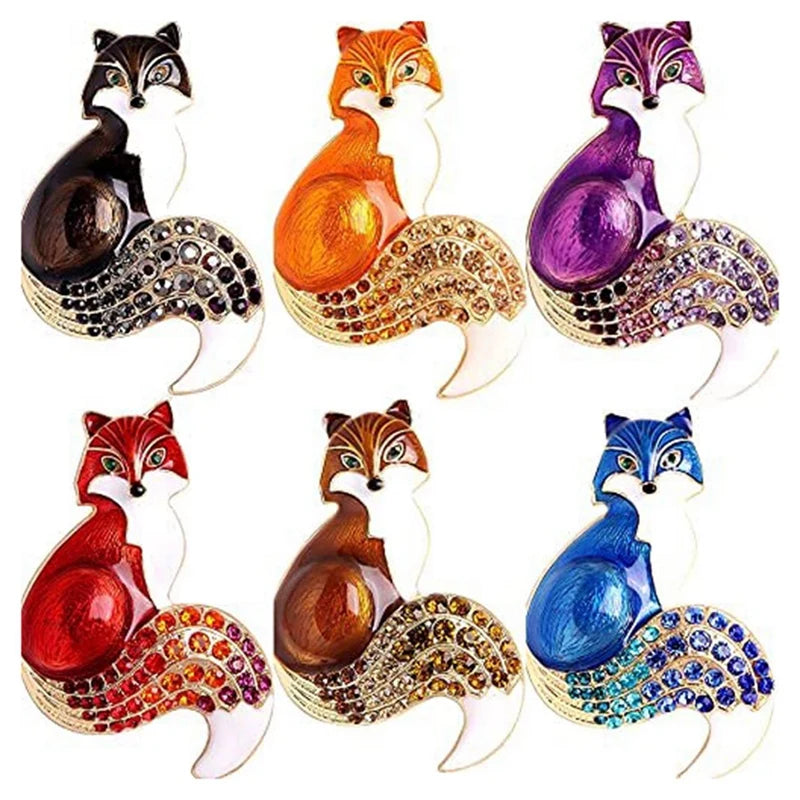 6PCS Fox Enamel Rhinestone Crystal Brooch Pins Set