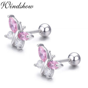925 Silver Pink CZ Butterfly Stud Earrings