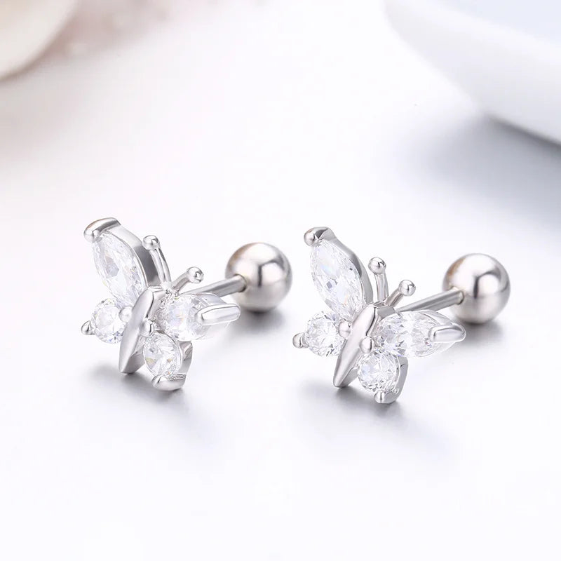 925 Silver Pink CZ Butterfly Stud Earrings
