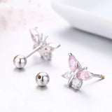 925 Silver Pink CZ Butterfly Stud Earrings