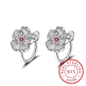925 Silver Cherry Blossoms Pink Cz Hoop Earring Set
