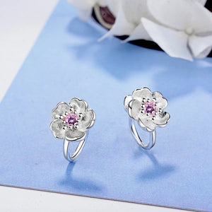 925 Silver Cherry Blossoms Pink Cz Hoop Earring Set