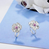 925 Silver Cherry Blossoms Pink Cz Hoop Earring Set