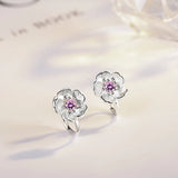 925 Silver Cherry Blossoms Pink Cz Hoop Earring Set