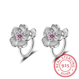 925 Silver Cherry Blossoms Pink Cz Hoop Earring Set