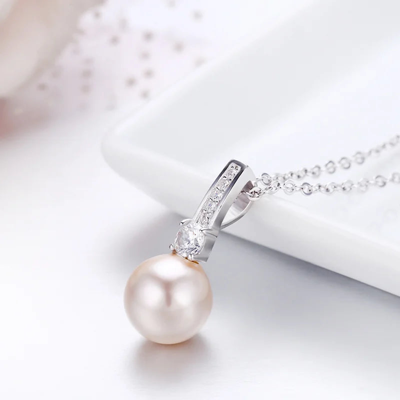 925 Silver CZ Pink Shell Pearl Charms Necklace For Women
