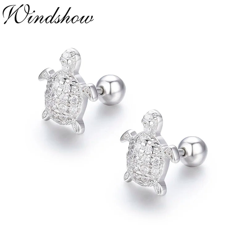 925 Silver Turtle CZ Stud Earrings For Women Girls Kids