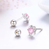 925 Silver Pink CZ Flower Stud Earrings for Women Girls Kids