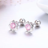 925 Silver Pink CZ Flower Stud Earrings for Women Girls Kids