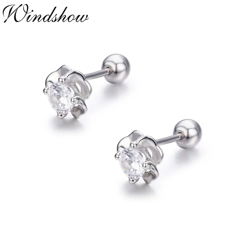 925 Silver Pink CZ Flower Stud Earrings for Women Girls Kids