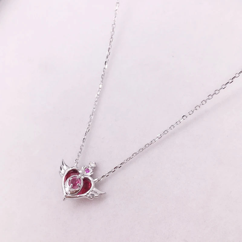 925 Silver Heart Angle Choker Necklace Crisis Moonlight Rose Red Stone Peach