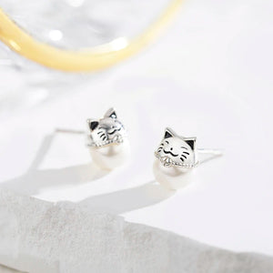 925 Silver Lucky Cat Pearl Stud Earrings Girls Kids Jewelry