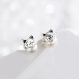925 Silver Lucky Cat Pearl Stud Earrings Girls Kids Jewelry