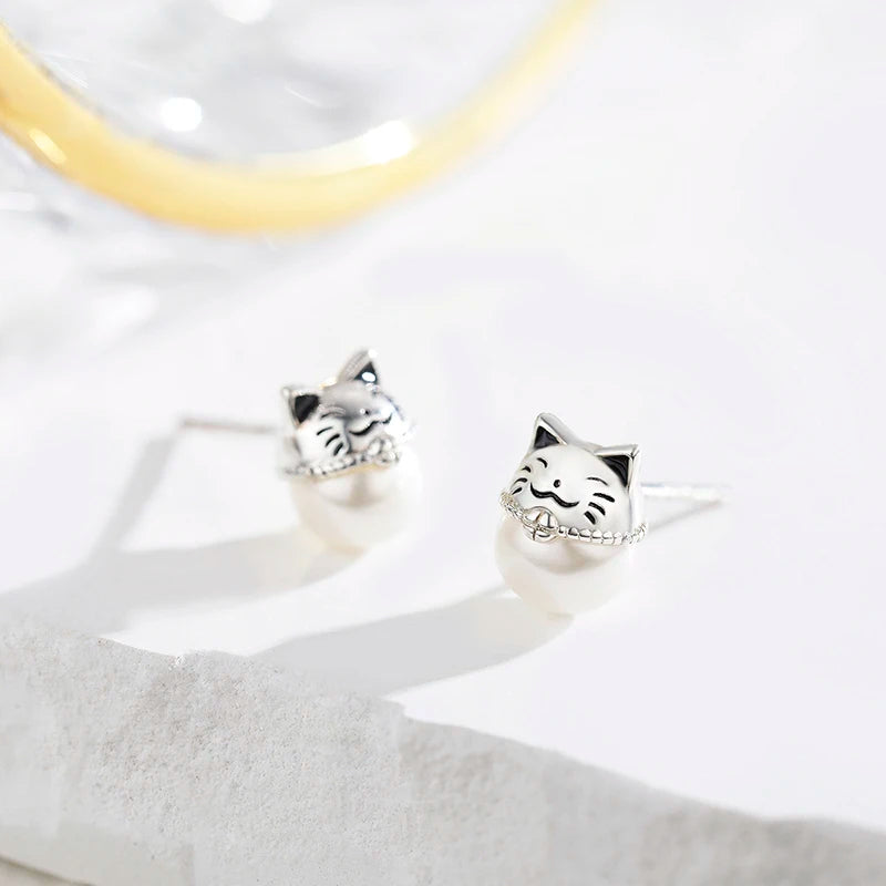 925 Silver Lucky Cat Pearl Stud Earrings Girls Kids Jewelry