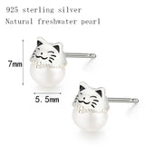 925 Silver Lucky Cat Pearl Stud Earrings Girls Kids Jewelry