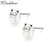 925 Silver Lucky Cat Pearl Stud Earrings Girls Kids Jewelry