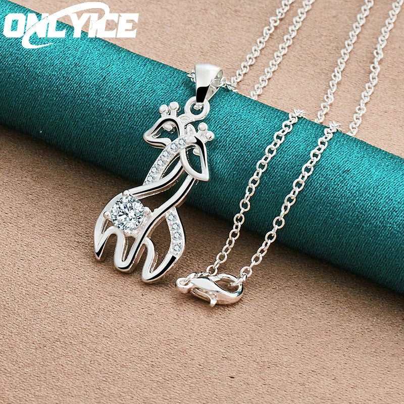925 Silver Necklace 16-30 Inch Zircon Two Giraffes Pendant Jewelry