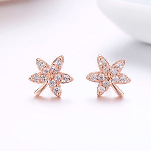 925 Silver Rose CZ Maple Leaf Stud Earrings For Women Girls Kids