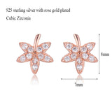 925 Silver Rose CZ Maple Leaf Stud Earrings For Women Girls Kids